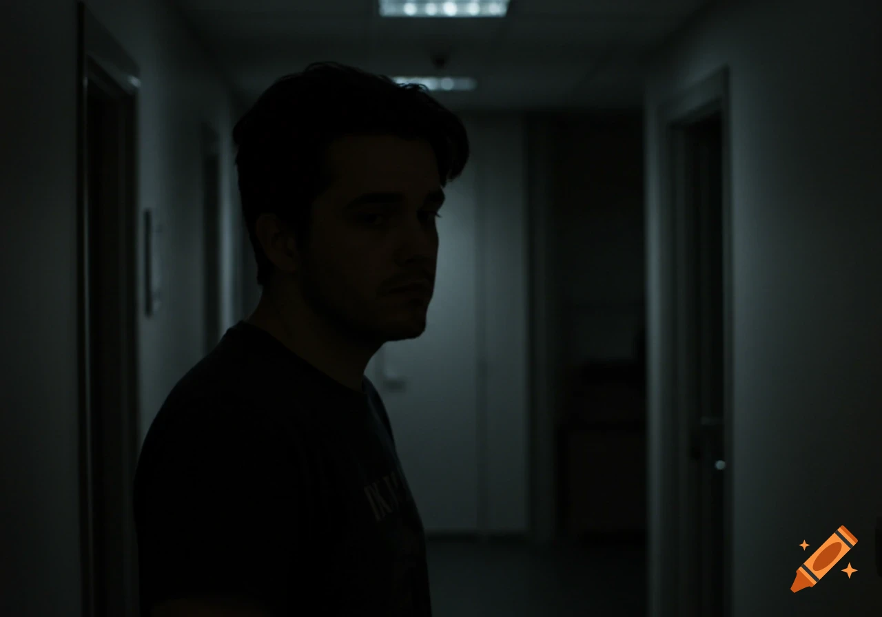 A man in a dark hallway, partially silhouetted, looking away from the camera.