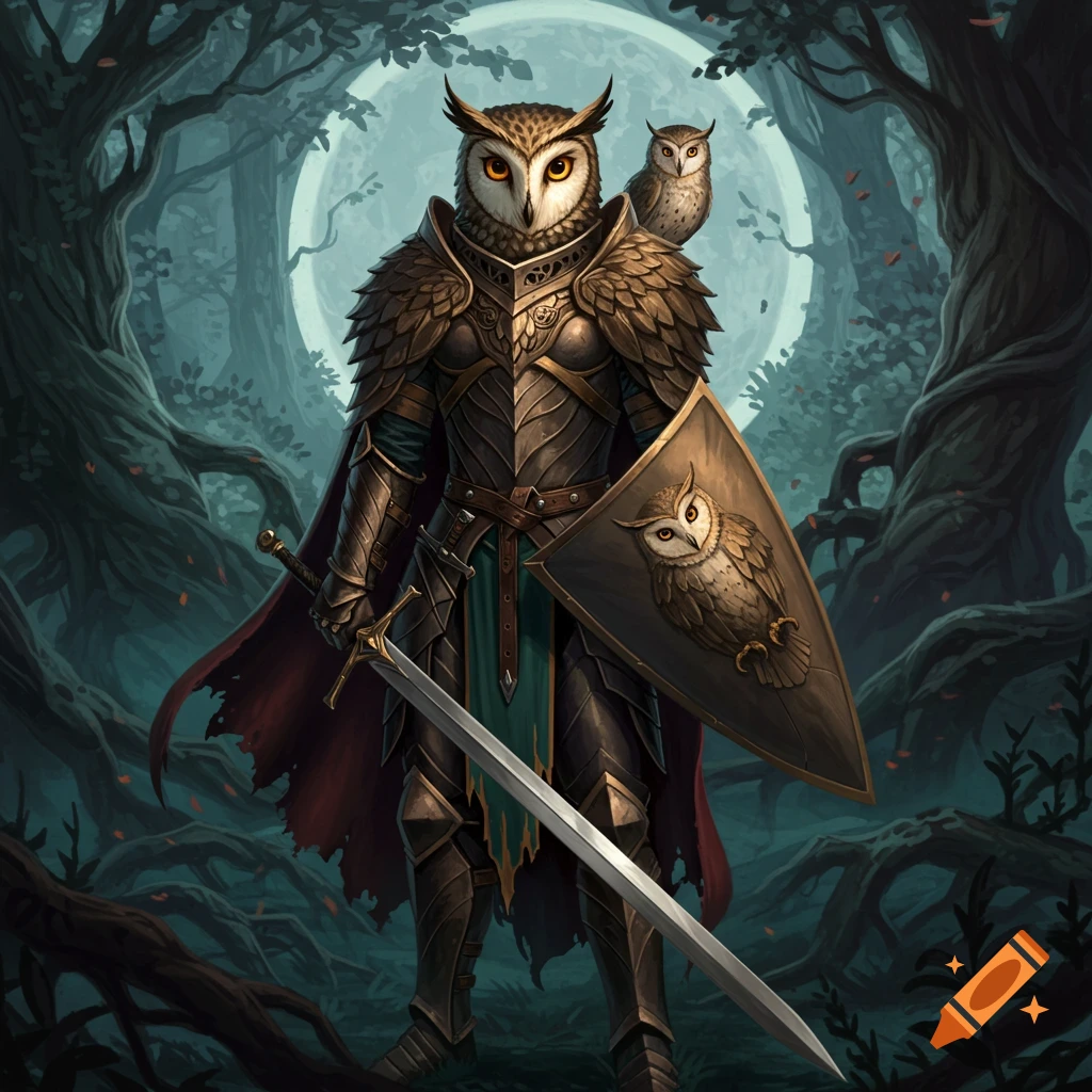 An owl knight in armor holding a sword and shield stands in a forest under a full moon with a smaller owl beside him.