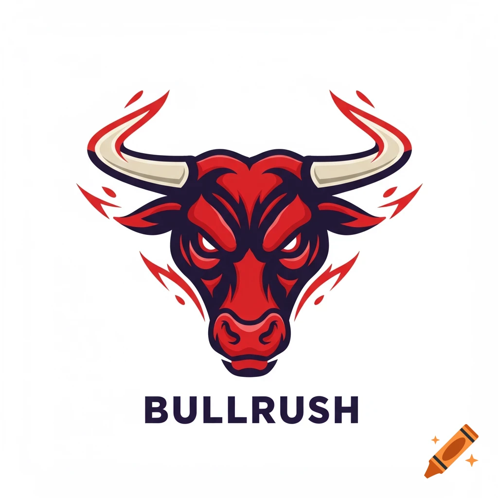 Stylized red bull's head logo with white horns and text BULLRUSH below
