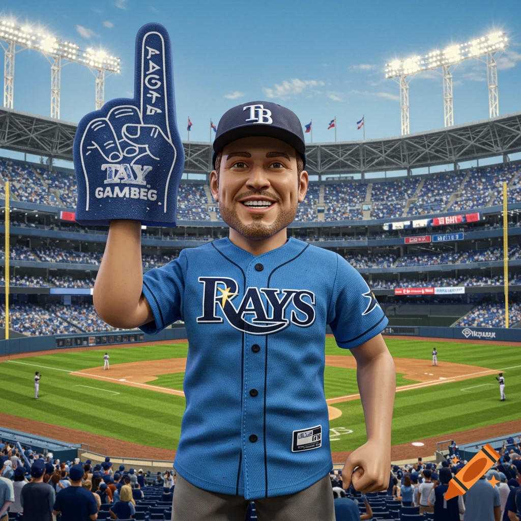 3D render of an action figure Tampa Bay Rays fan holding a foam finger in a baseball stadium.