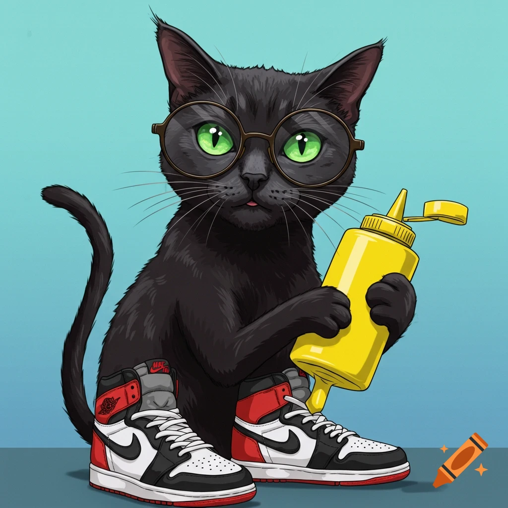A black cat wearing glasses and sneakers, holding a mustard bottle.