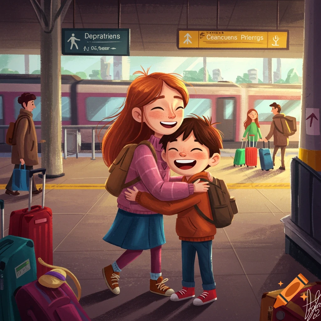 Two siblings are hugging at a train station.
