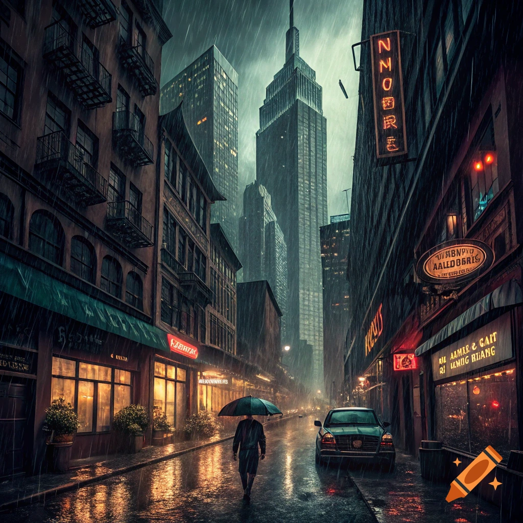 Rainy city street at night with a person under an umbrella, tall buildings, and a car. Neo-noir style.