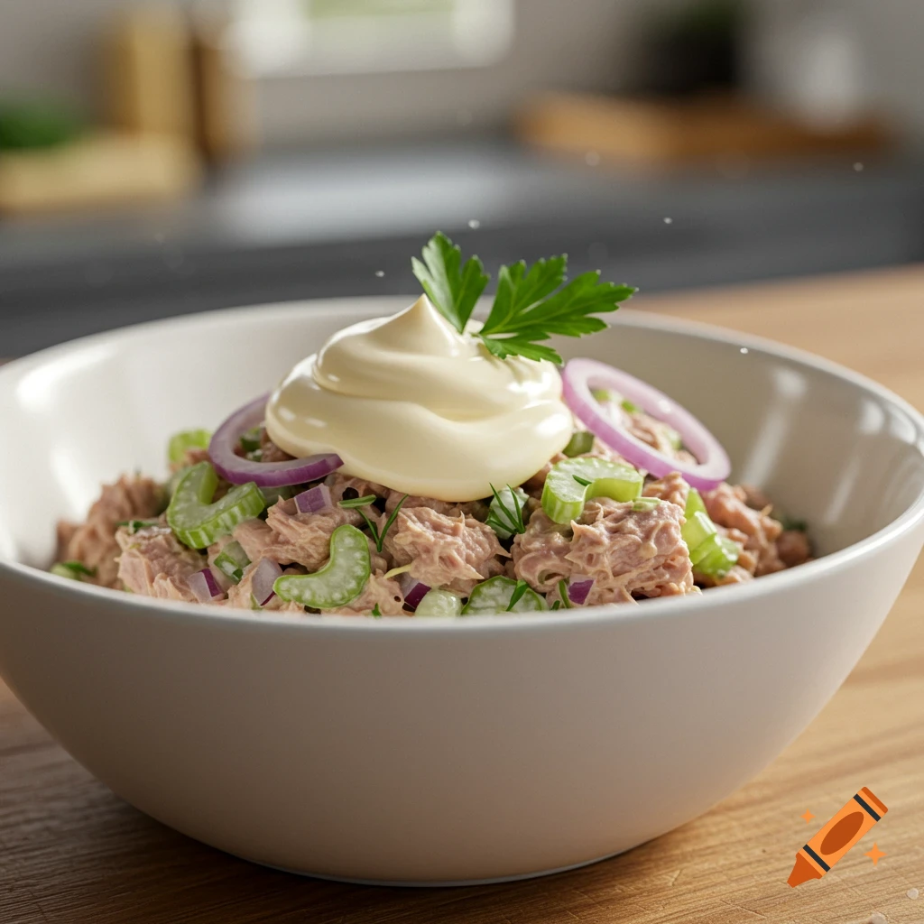 A bowl of tuna salad topped with mayonnaise, celery, red onion, and parsley.