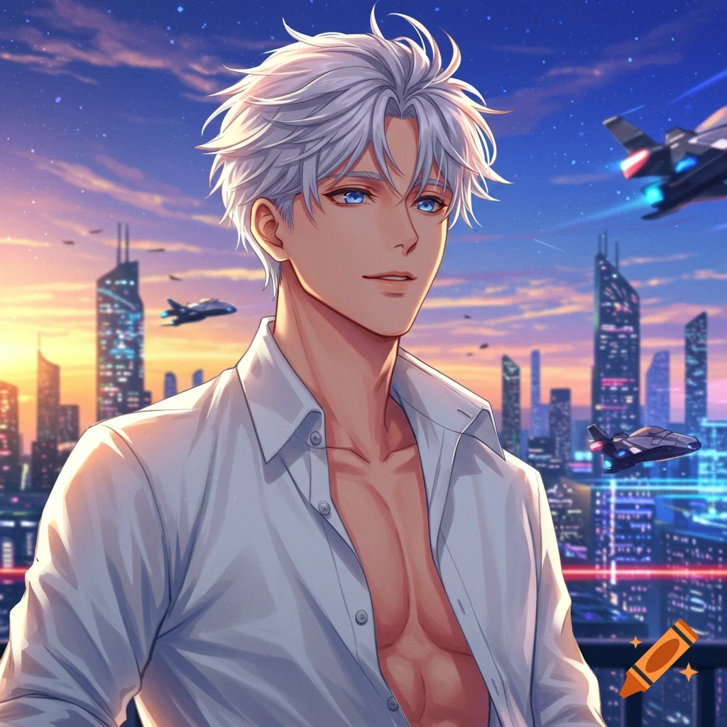 Anime guy with white hair and open white shirt in futuristic cityscape with flying vehicles.