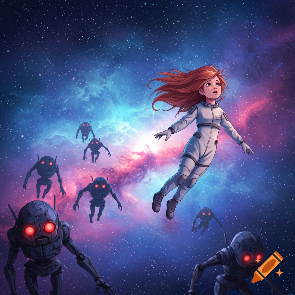 A young girl in a white spacesuit floats in space, pursued by robots, against a colorful nebula backdrop.