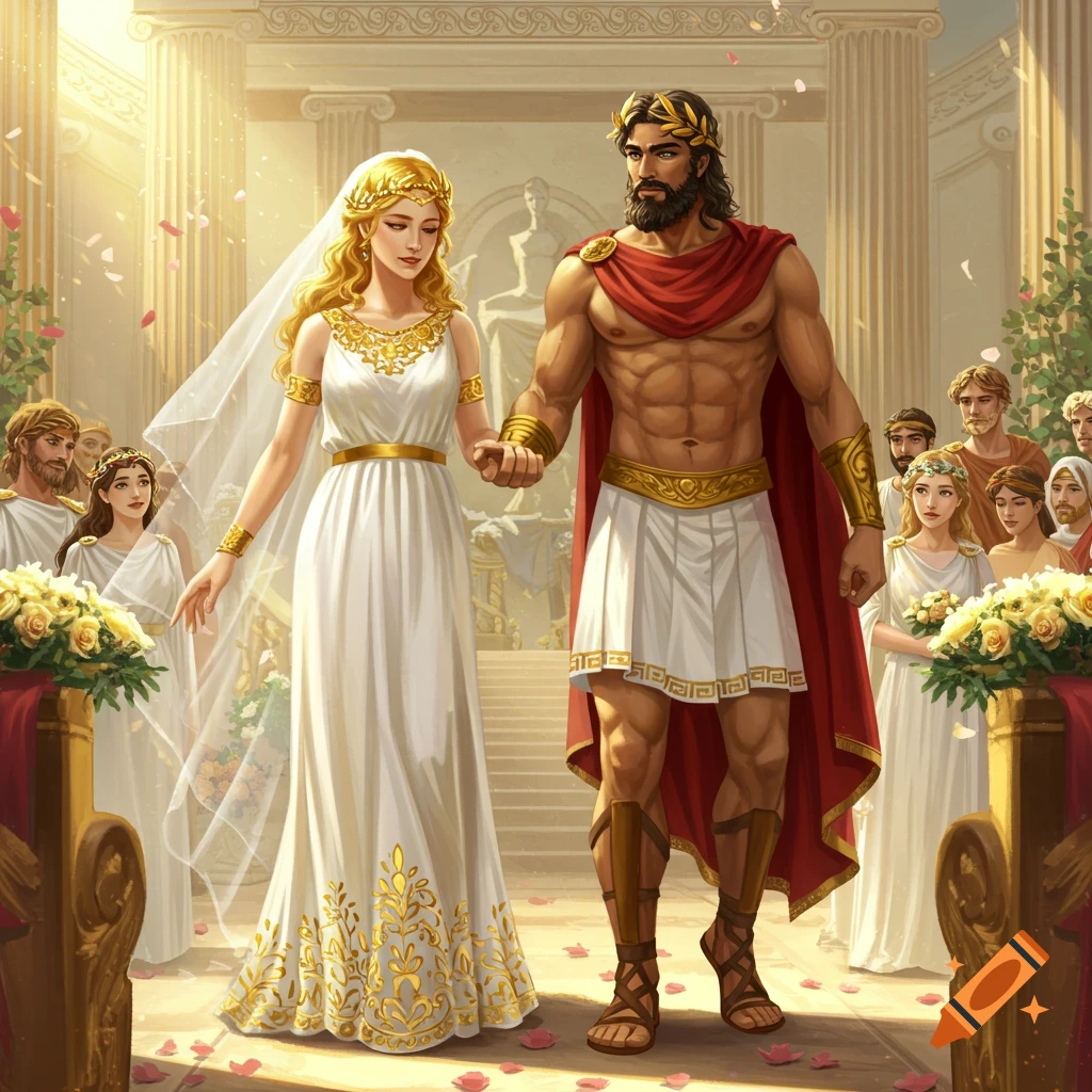 A man and woman in classical attire stand at the top of steps during a wedding ceremony in a temple, surrounded by guests.