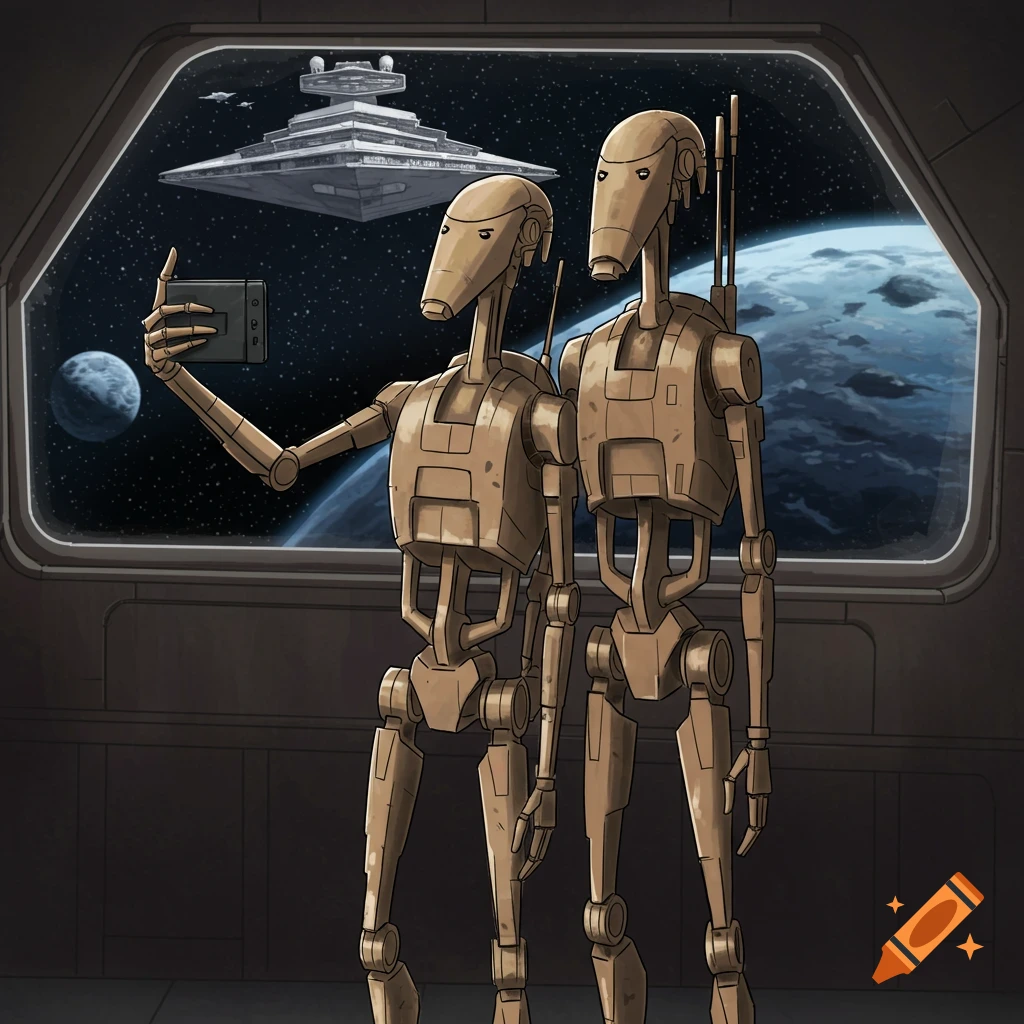 Two Star Wars B1 Battle Droids are taking a selfie in front of a spaceship window with a Star Destroyer visible outside.