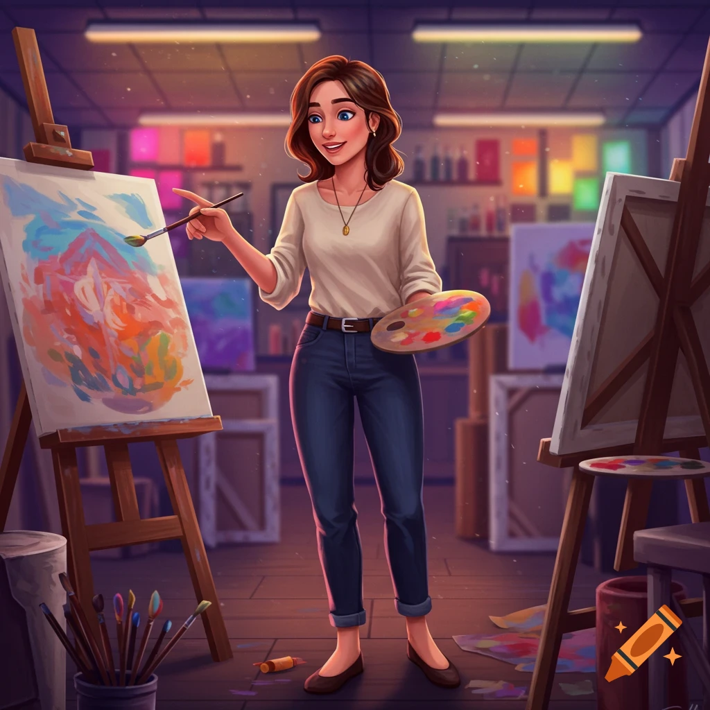 A woman with brunette hair and blue eyes painting in an art studio.