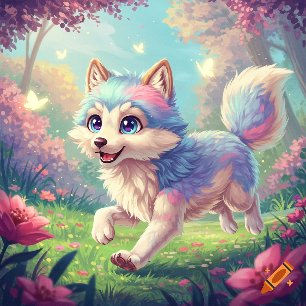 Cute fantasy wolf-like creature running through a flower-filled forest with butterflies