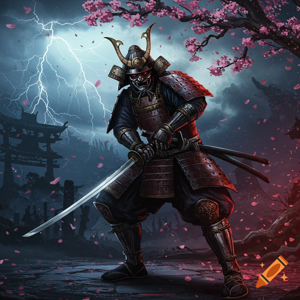 A samurai in armor stands with a sword under a cherry blossom tree, with lightning in the background.