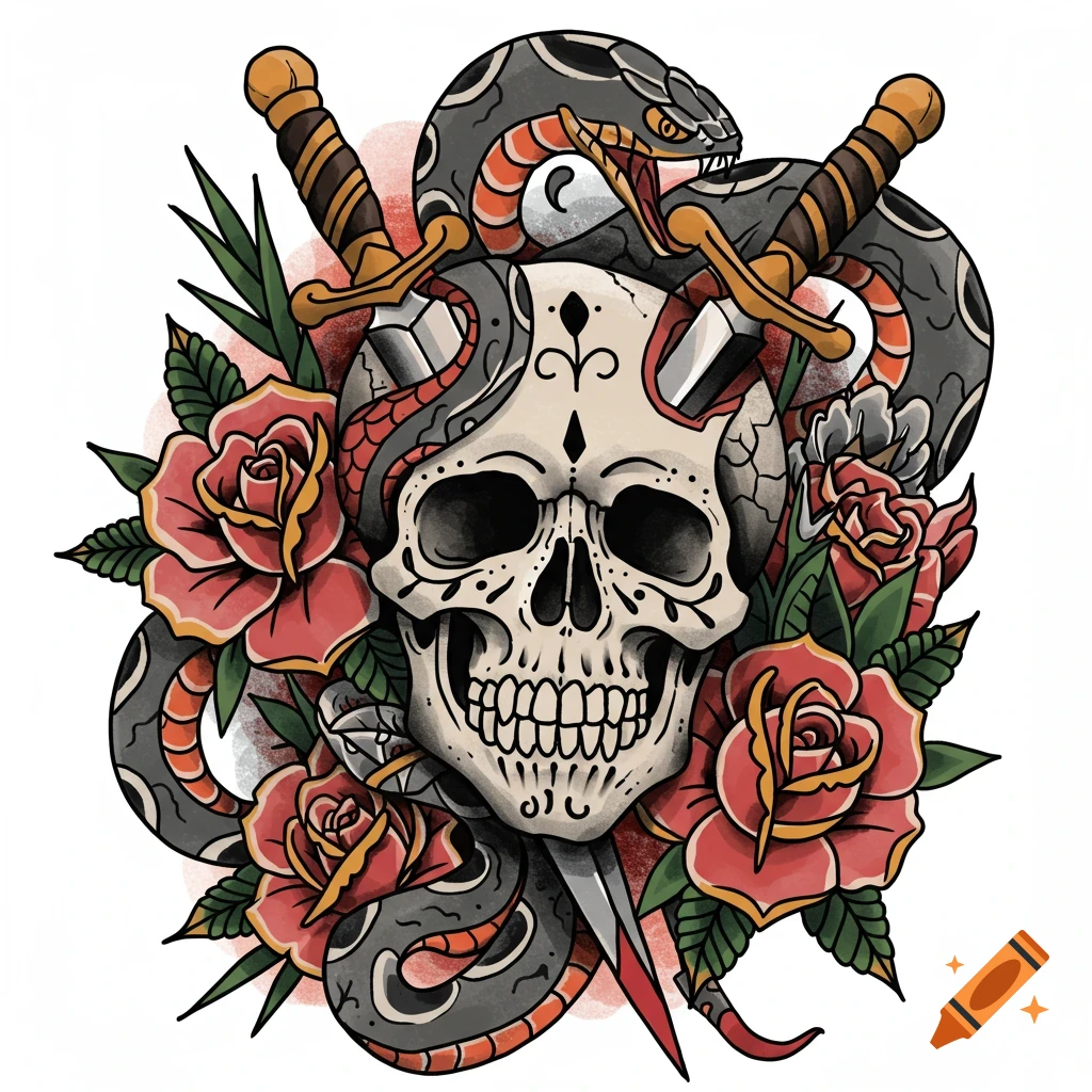 American traditional tattoo illustration of a skull, snakes, roses, and swords.