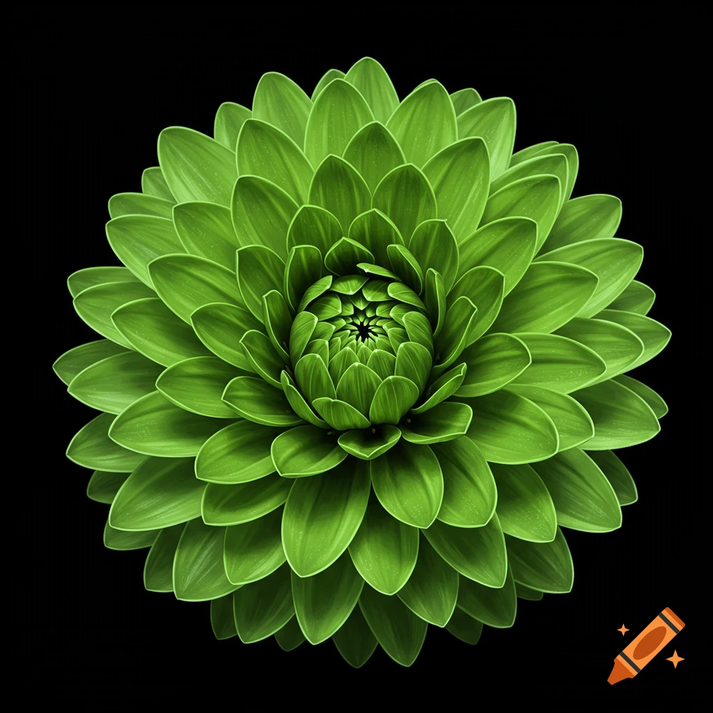 A vibrant green dahlia flower against a black background.