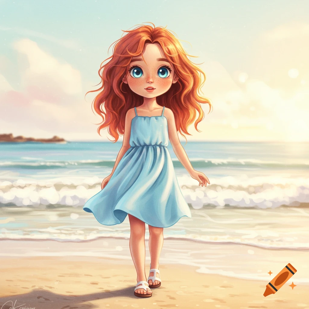 A young girl with red hair in a blue dress is walking on a sunny beach.