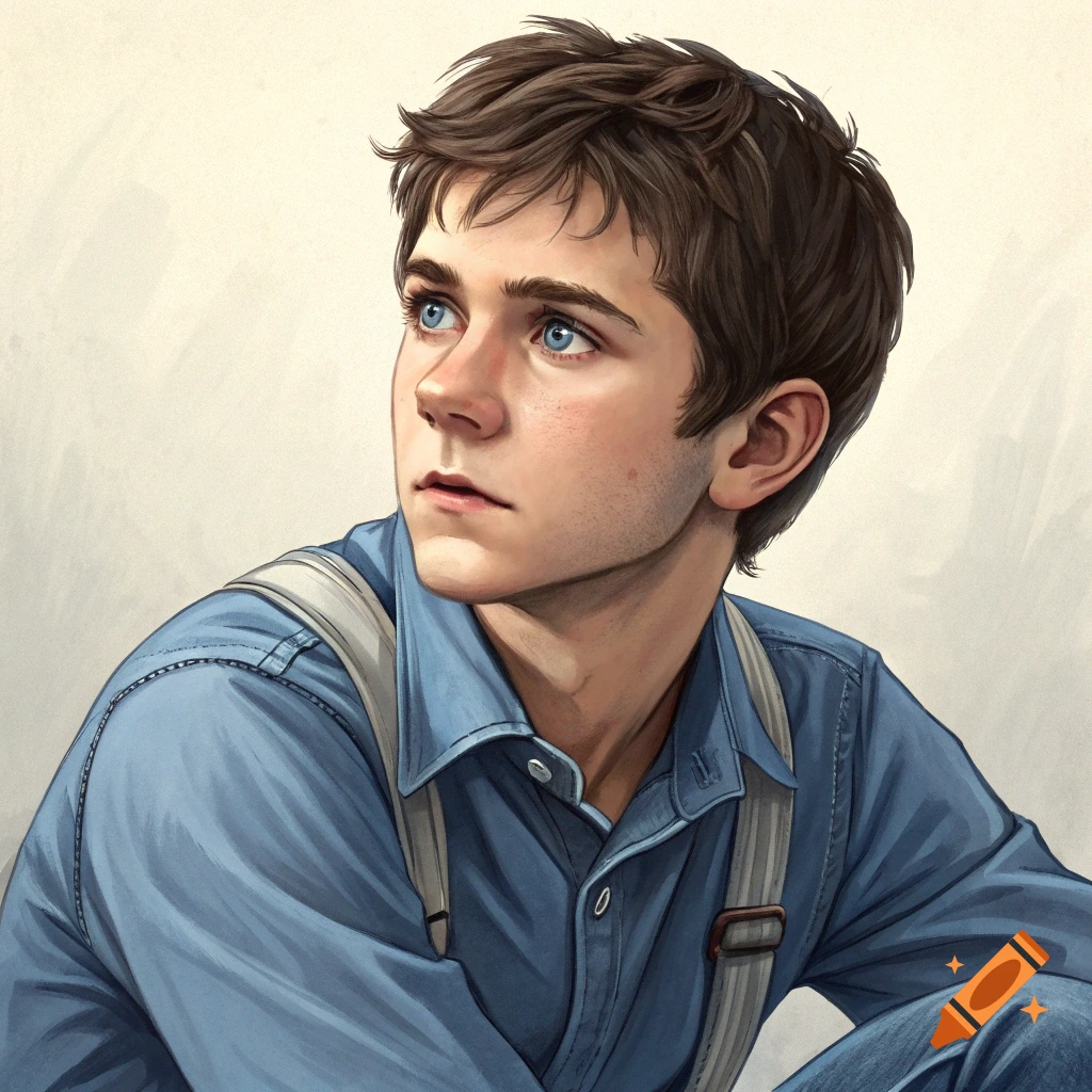 Portrait of a young man with blue eyes wearing a blue shirt and suspenders