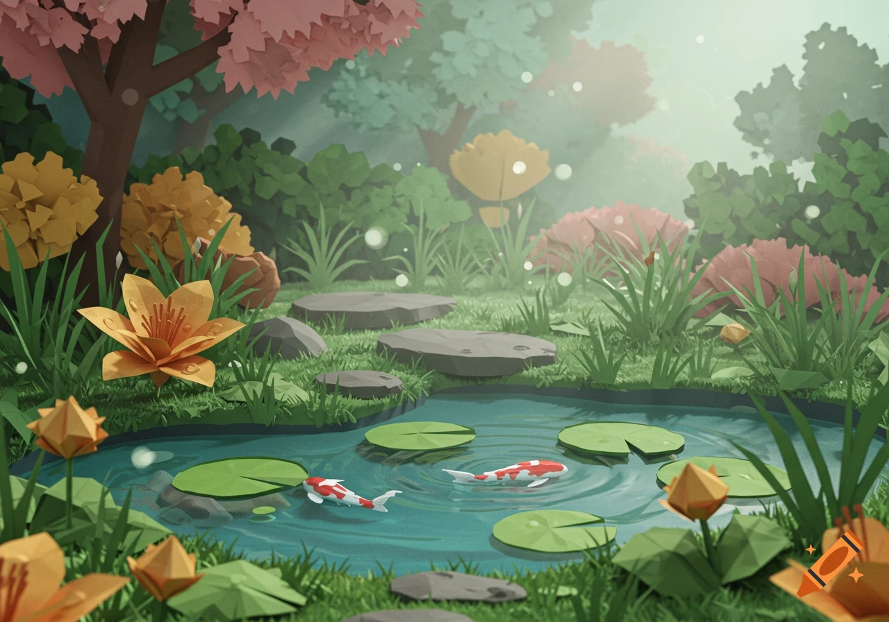 A stylized paper origami garden scene with koi fish swimming in a pond, stepping stones, lily pads, and paper flowers.