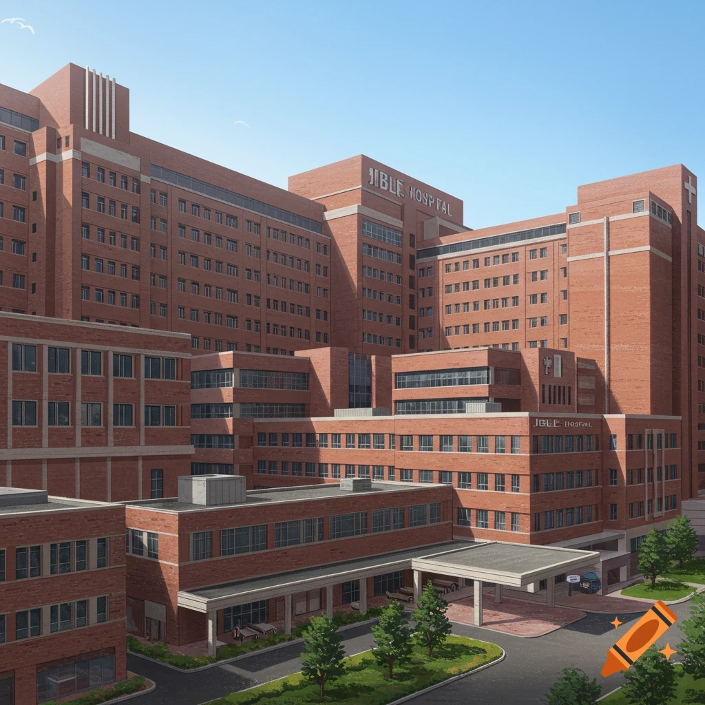 A large brick hospital building under a blue sky.