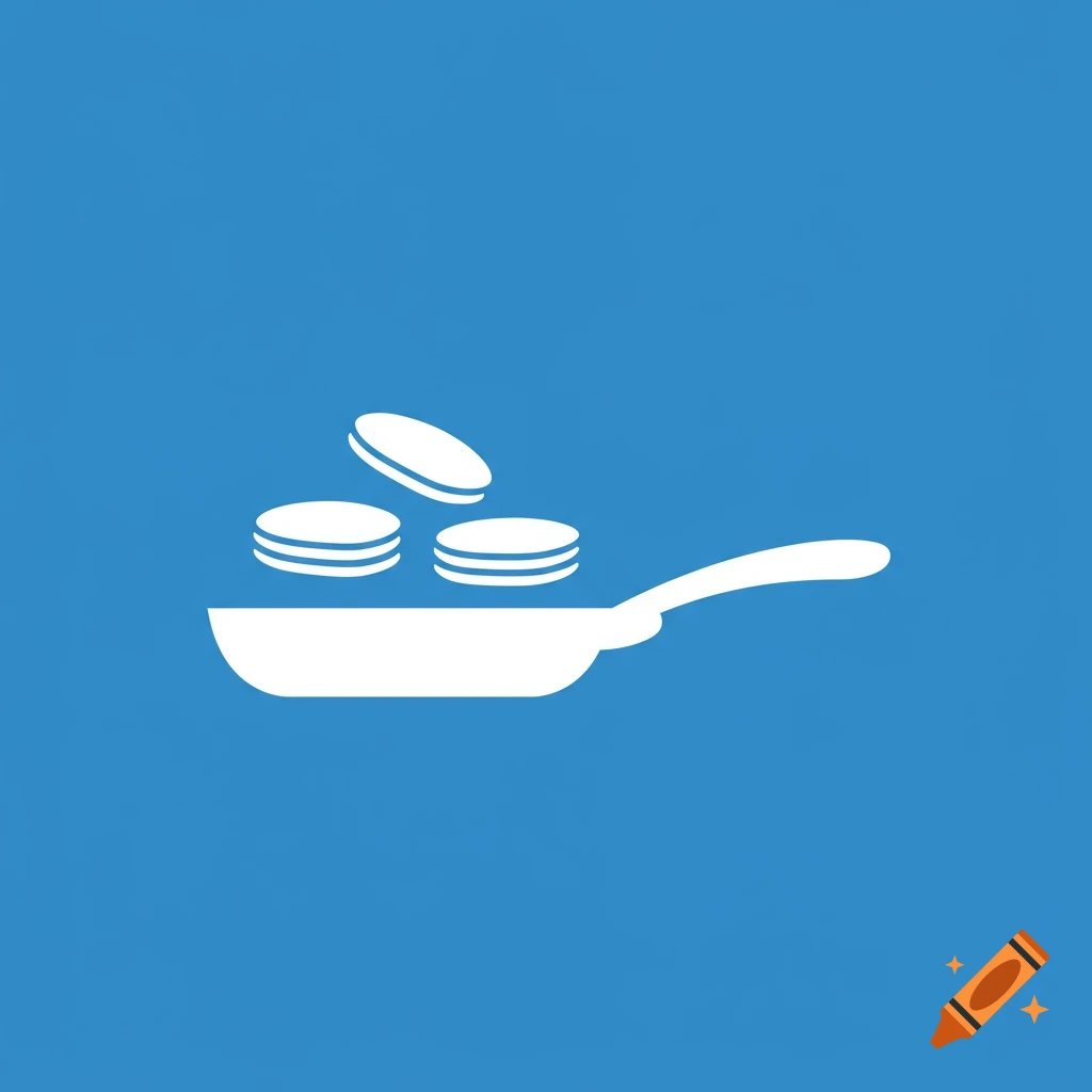 White icon of pancakes being flipped in a frying pan on a blue background.