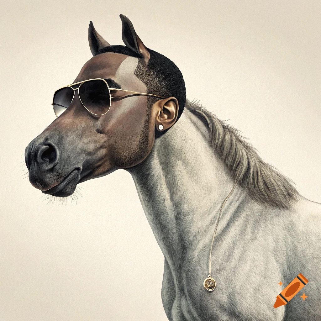 A horse with human hair and ear wearing sunglasses and a pendant necklace.