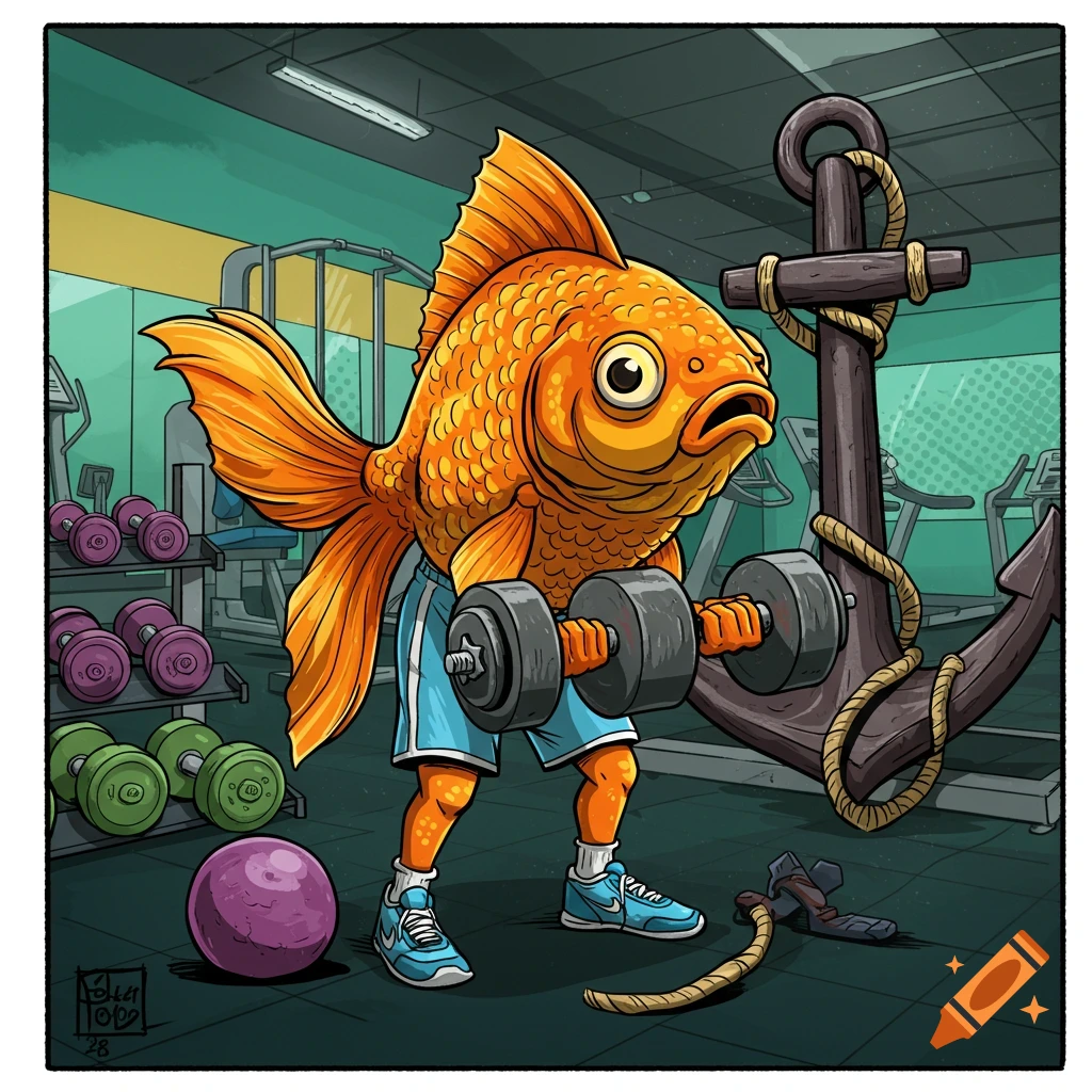 Cartoon illustration of a goldfish in shorts and shoes lifting dumbbells in a gym, with an anchor nearby.