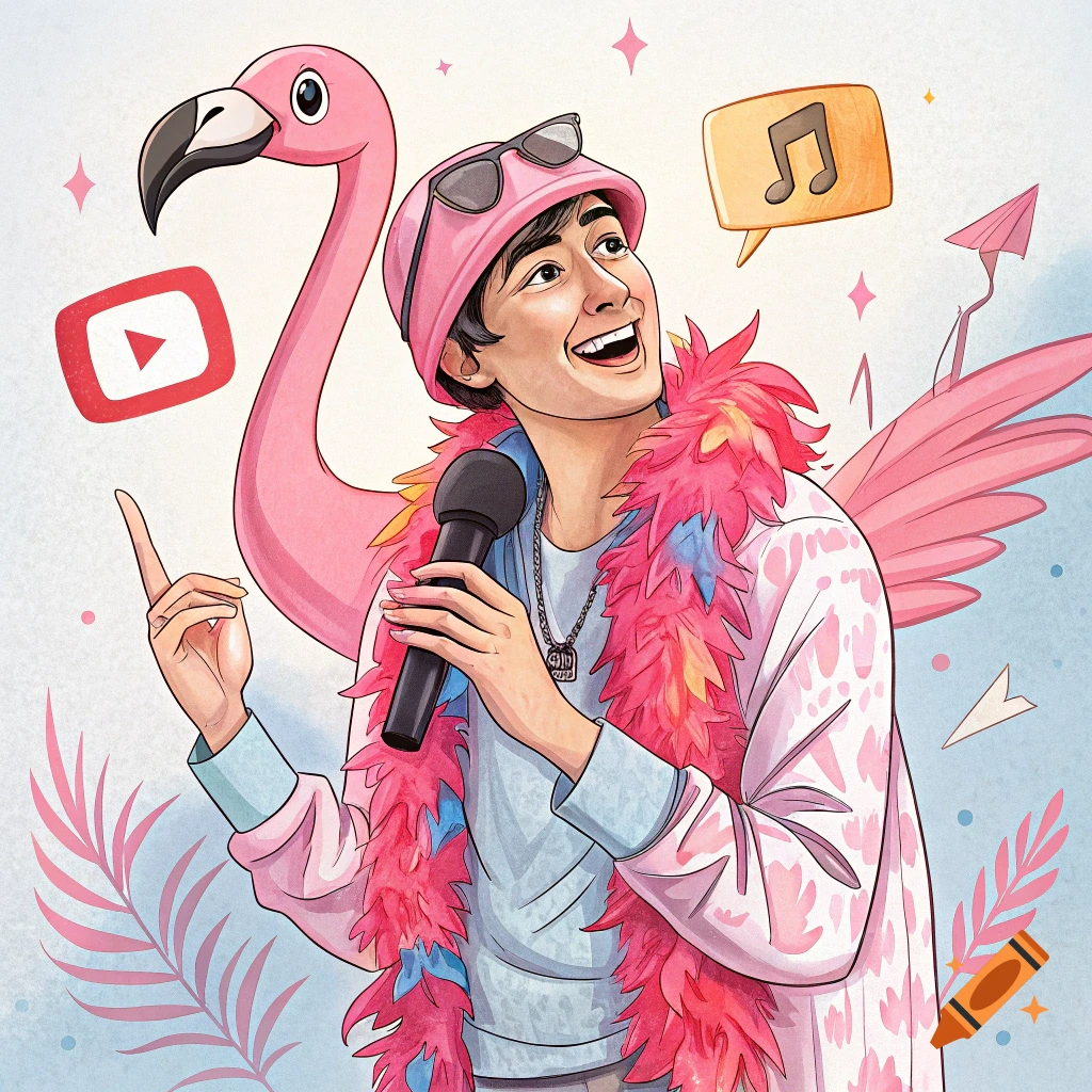 Cartoon illustration of a person holding a microphone, wearing a pink bucket hat, sunglasses, and a fuzzy pink boa, with a flamingo, a YouTube logo, and a music note symbol.