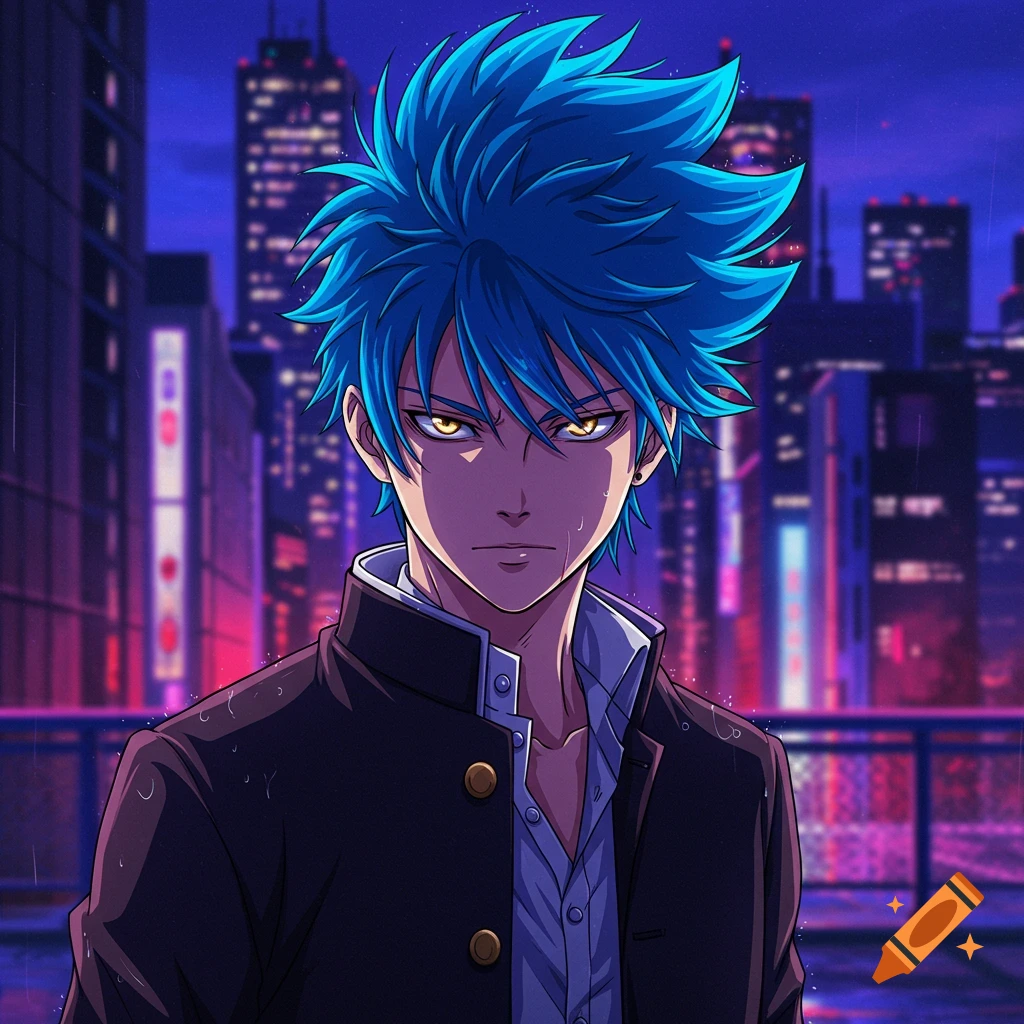 Anime character with blue hair and glowing eyes in front of a city at night.