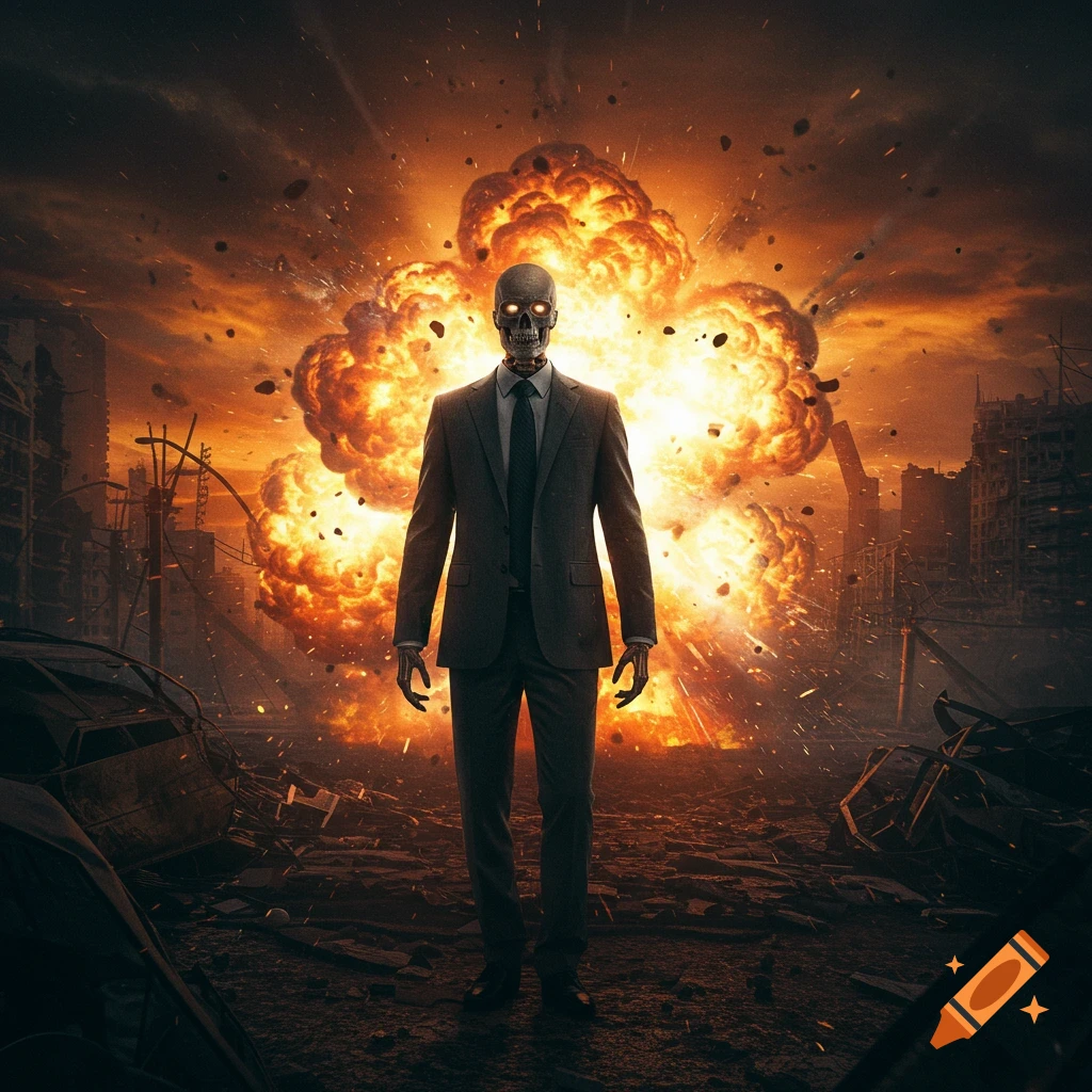 A skeletal figure in a suit stands before a massive explosion in a destroyed city under a dark orange sky, digital art.