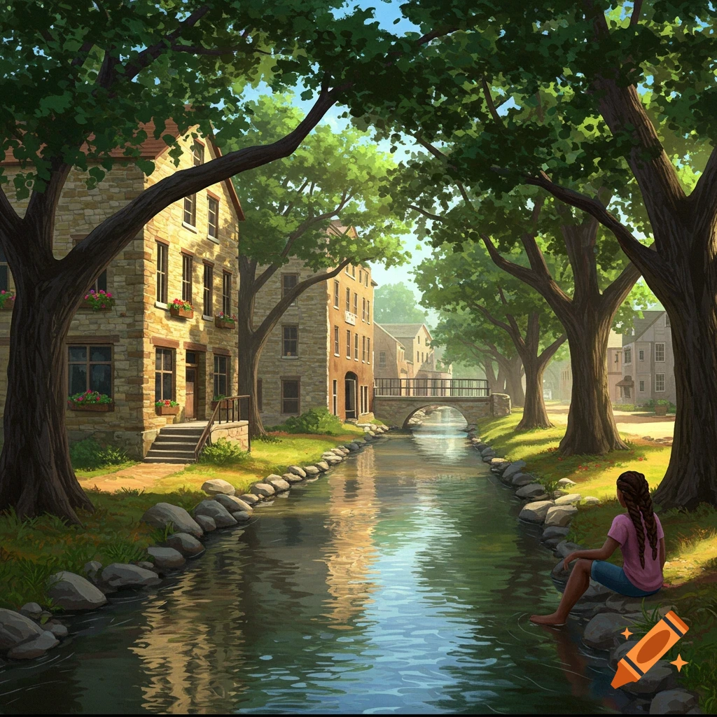 A person sits by a creek flowing through a town with stone buildings and trees.
