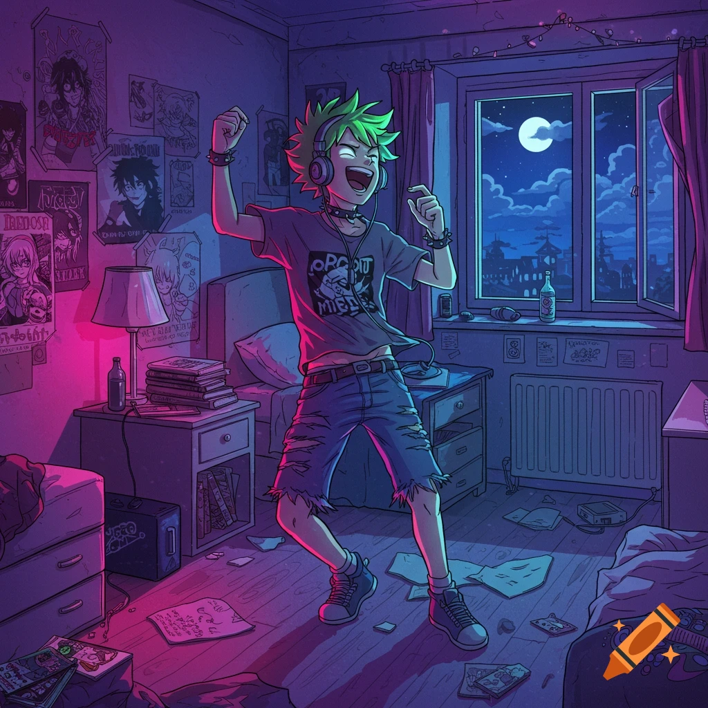 Anime boy with green hair and headphones dancing in a messy bedroom at night, lit by pink and blue light.