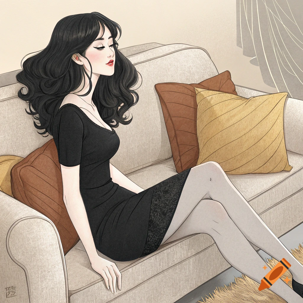 Illustration of a woman in a black dress sitting on a couch.