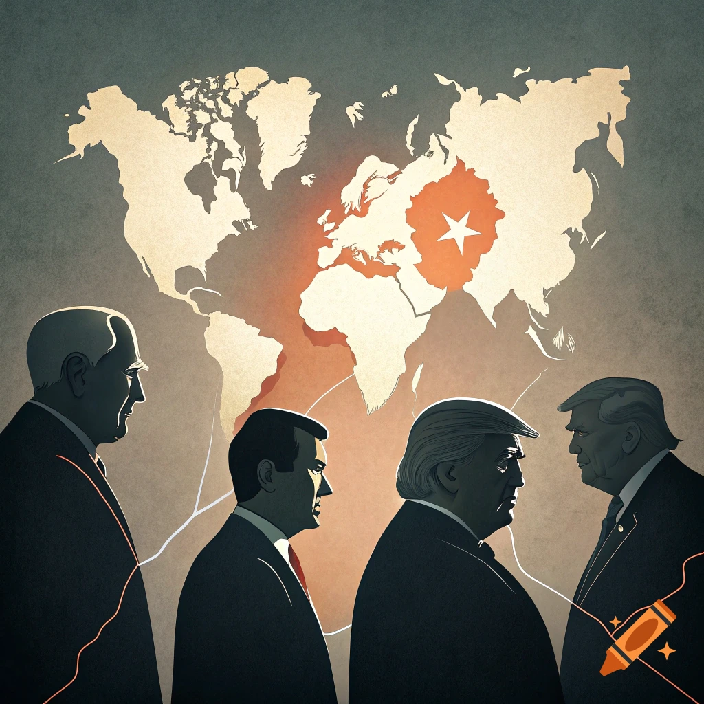 Silhouettes of world leaders in front of a world map, depicting international relations.