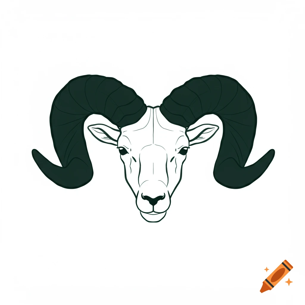 Minimalistic doodle of a ram head with dark green horns
