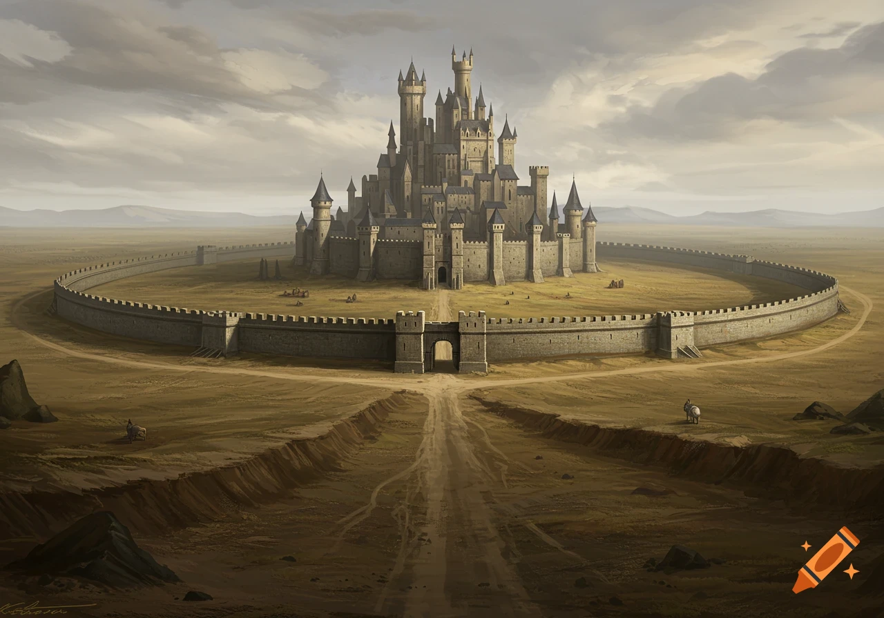 A large castle surrounded by a circular wall in a vast plain.