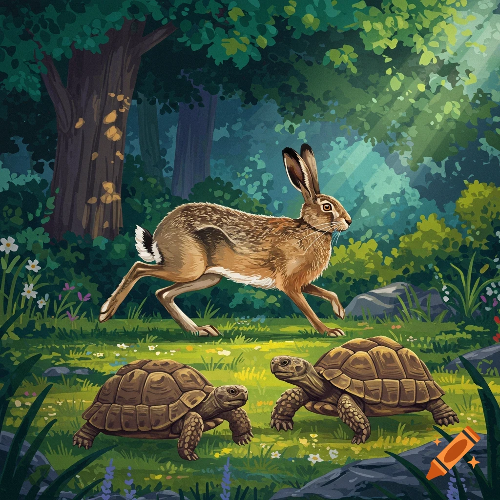 A hare is running past two tortoises in a forest clearing.