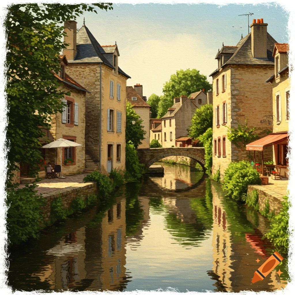 A canal flows through a European town with buildings and a bridge.