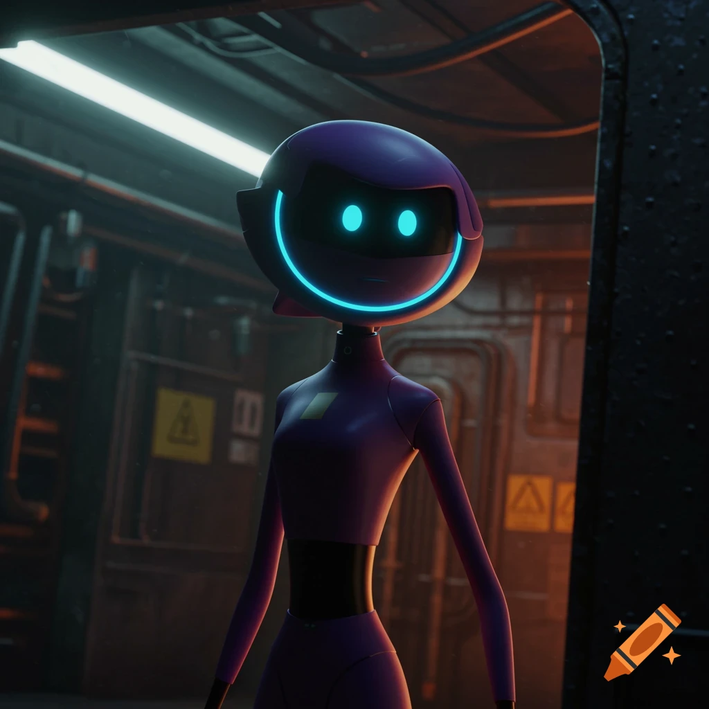 A purple robot with glowing blue eyes and smile stands in a dimly lit industrial corridor.