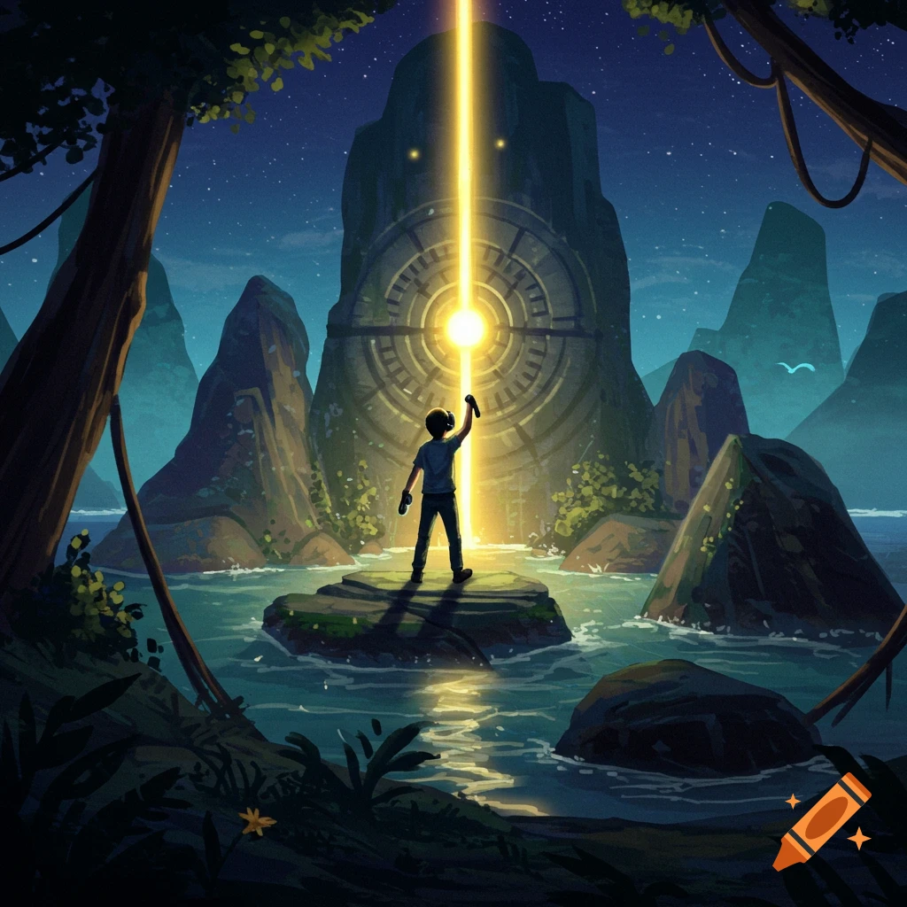 A person wearing VR gear stands on a rock, reaching towards a glowing structure in a jungle landscape at night.