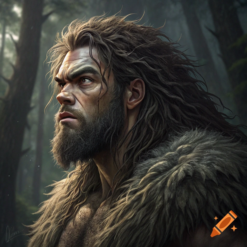Detailed portrait of a man with long hair, beard, and fur in a forest.