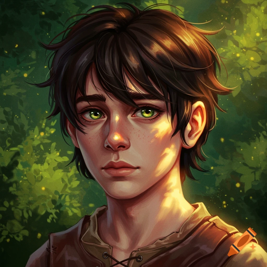 A young boy with green eyes stands in a sunlit forest clearing.