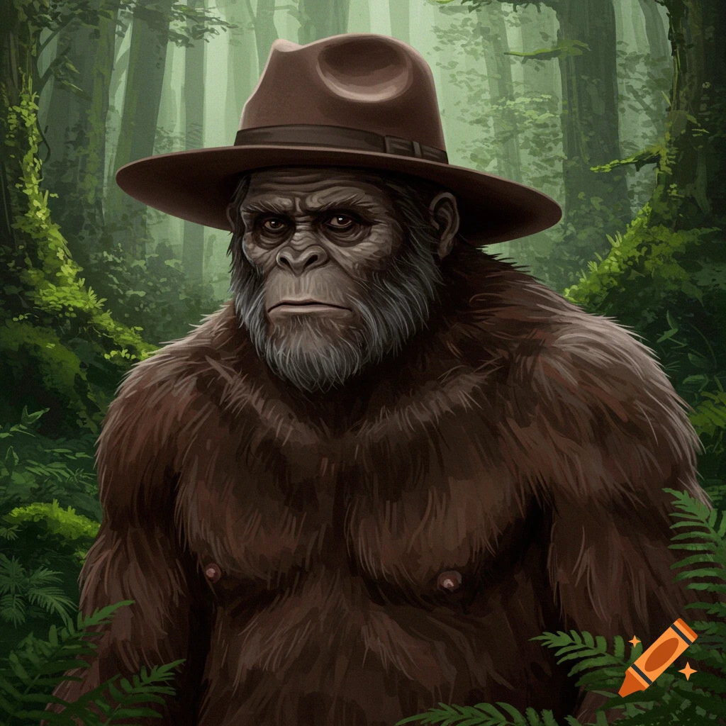 Bigfoot wearing a brown hat in a forest.