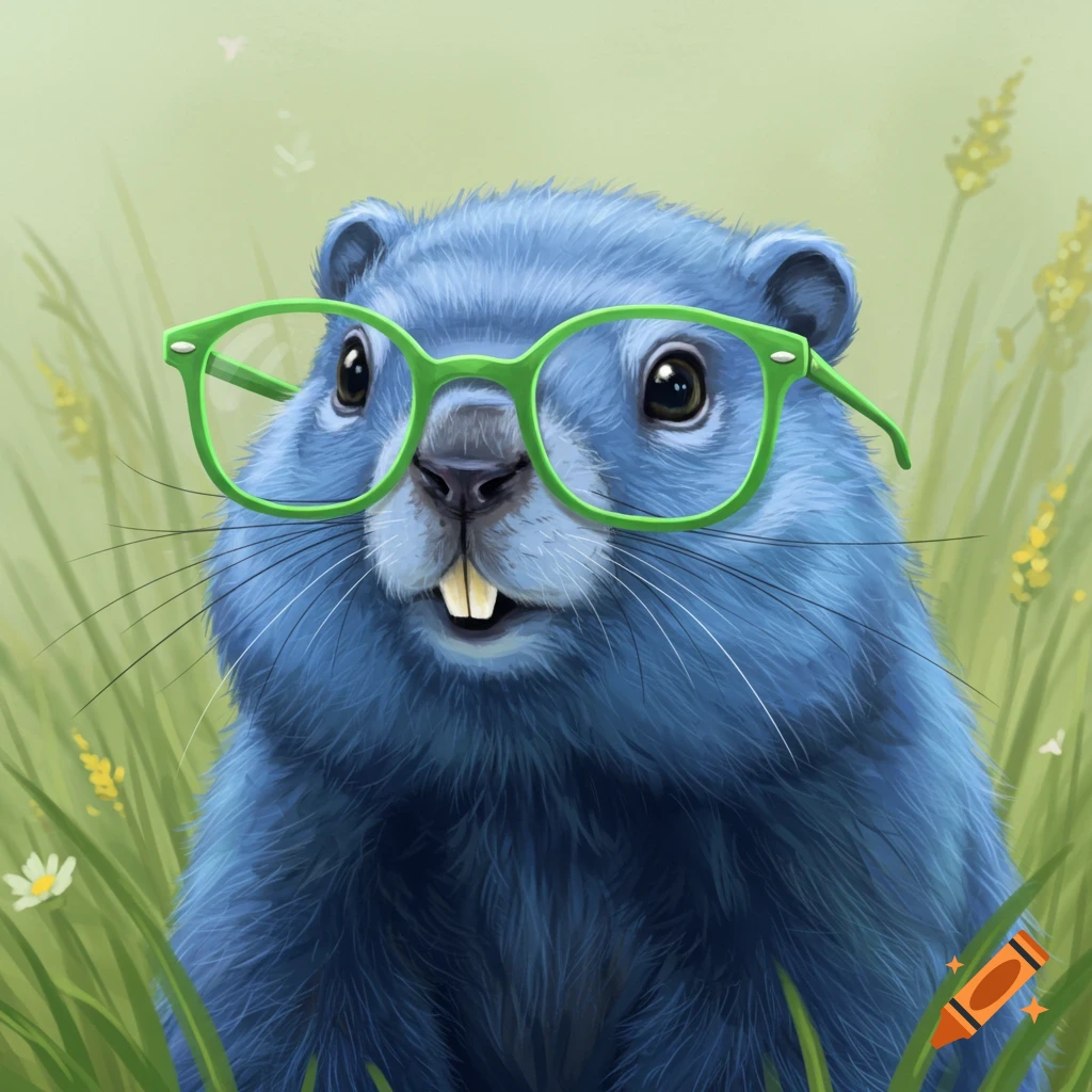 A blue groundhog wearing green glasses sits in tall grass.