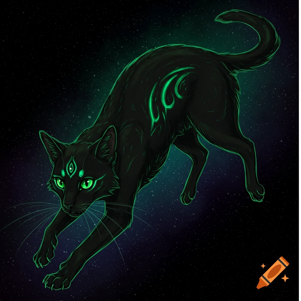 A black fantasy cat with glowing green eyes and markings floats in space.