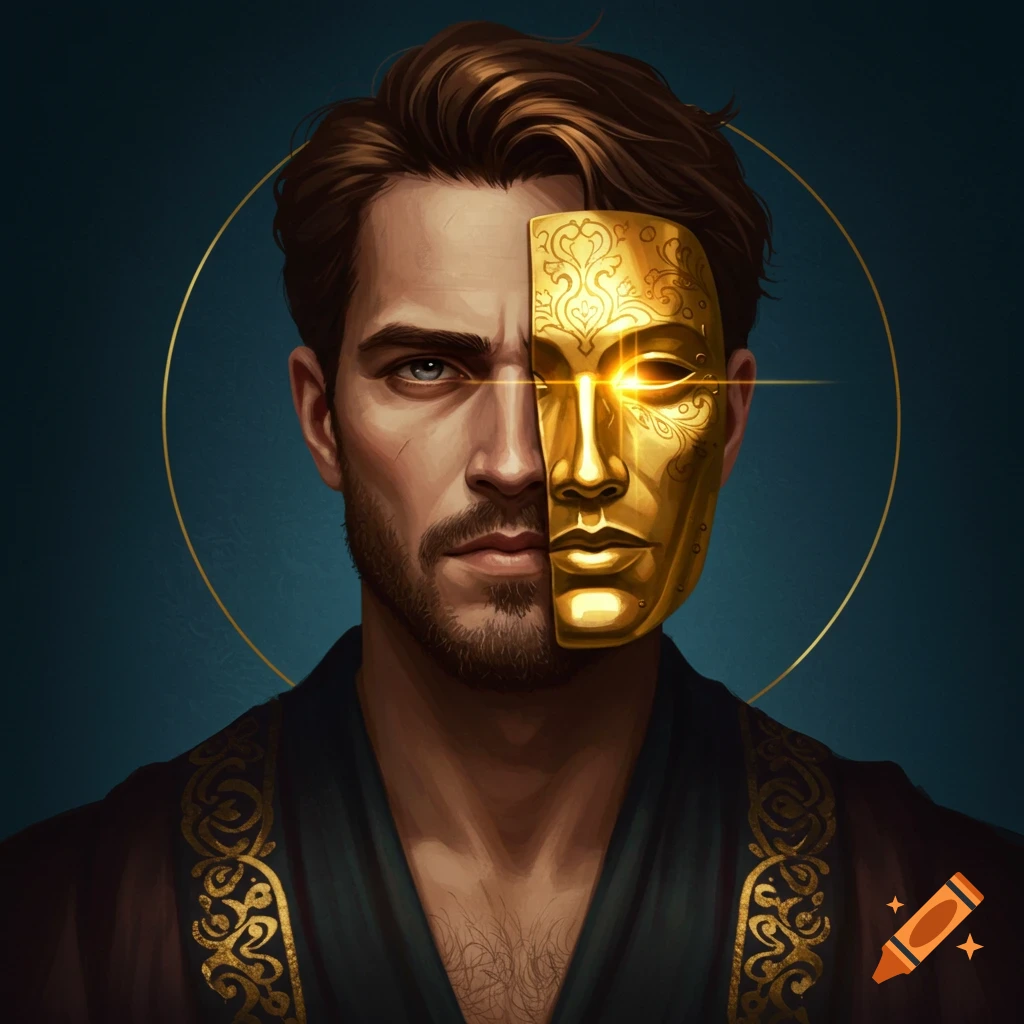A man with dark hair wears a decorative gold mask over one eye.