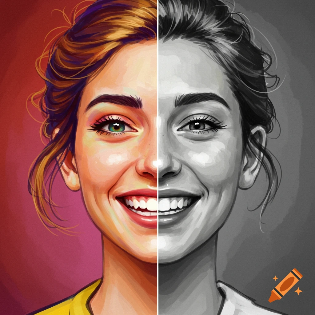 Split digital portrait of a smiling woman, one side colorful, the other grayscale.