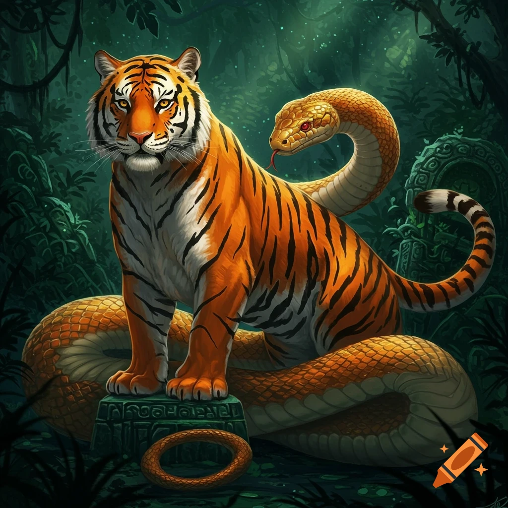 Fantasy image of a tiger with a snake tail and head sitting on a stone in a jungle