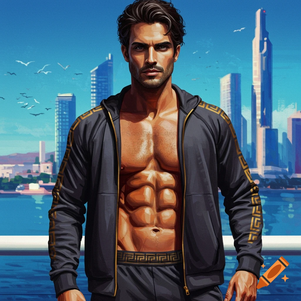 A muscular man in a tracksuit jacket stands by a city skyline.