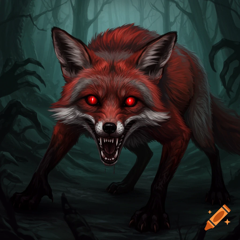 A scary red fox with glowing red eyes and bared teeth in a dark forest.