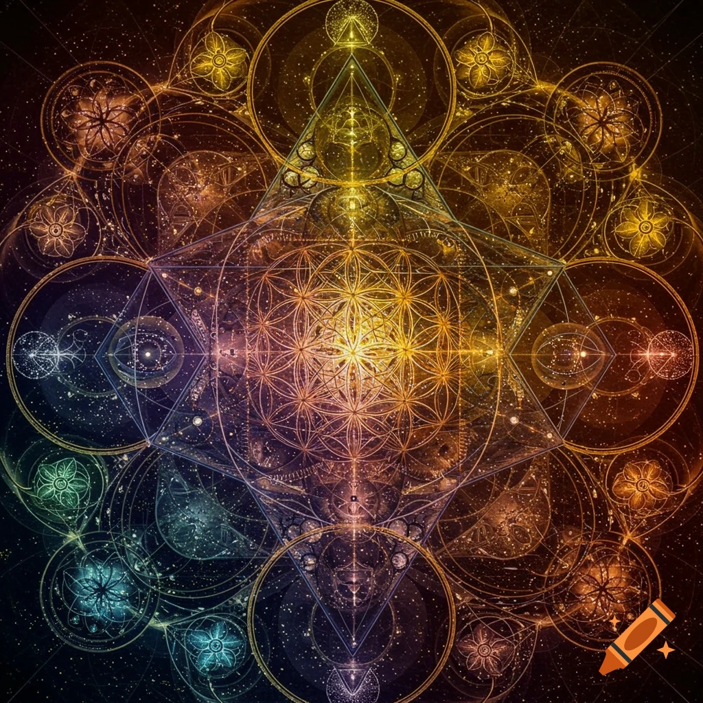An intricate pattern of sacred geometry in glowing lines and circles against a starry cosmic background.