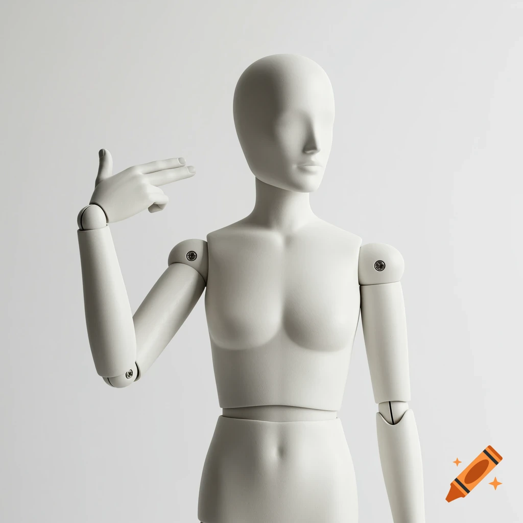 A white mannequin forms a finger gun pointed at its head.