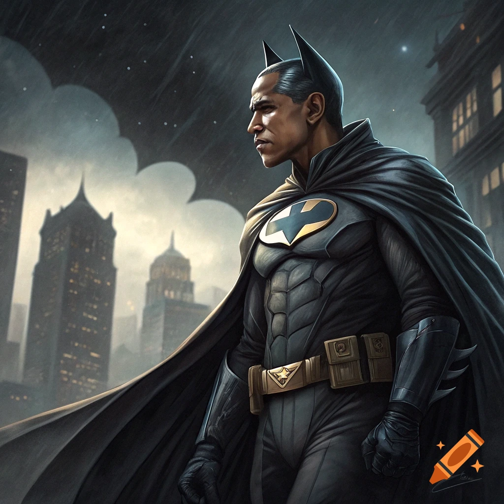 Barack Obama dressed as Batman stands on a rooftop in a rainy city.